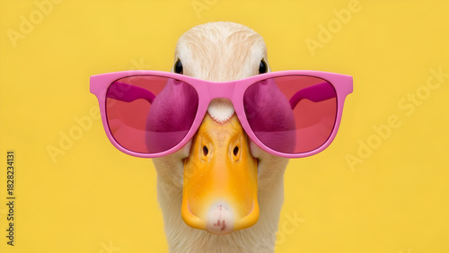 Cool Duck Wearing Pink Sunglasses on Yellow Background - Funny Stylish Duck Portrait