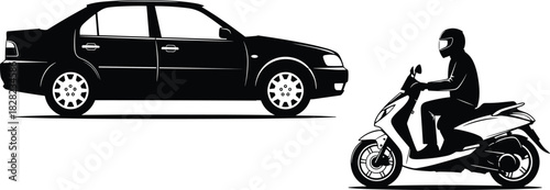 Car and motorcycle silhouette scene, rider on scooter, driving comparison, transportation concept, road safety illustration, black vehicle graphic artwork
