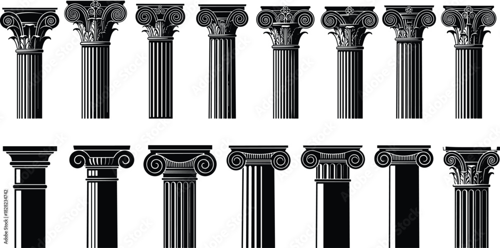 Obraz premium Classical architectural column illustration set, Greek and Roman pillars, Ionic Corinthian Doric designs, ancient architecture elements, decorative historic structure vector