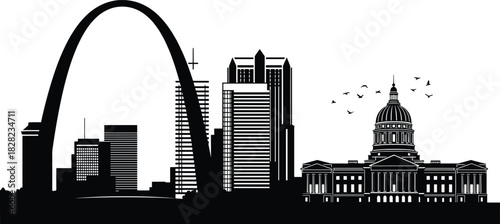 City skyline silhouette, urban landmark illustration, famous architectural buildings, skyline vector art, modern cityscape design, iconic monument outline