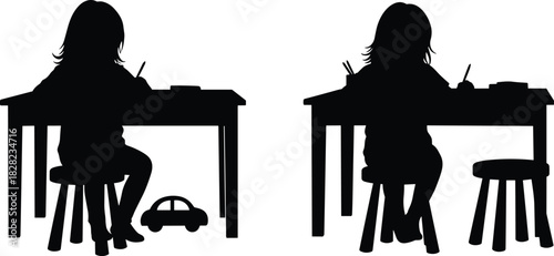 Children drawing at desk silhouettes kids studying writing table art activity creative learning classroom illustration sitting stool vector isolated design