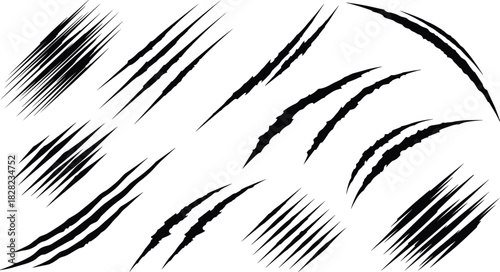 Claw scratch marks vector set featuring aggressive slashes, ripped scratch effects, animal claw damage graphics for design, illustration and decoration projects