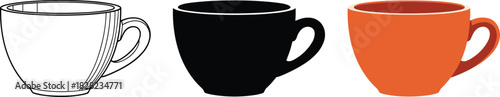 Coffee cup illustration set with outline, solid silhouette and colored version, modern cup design for branding, cafe artwork and graphic use