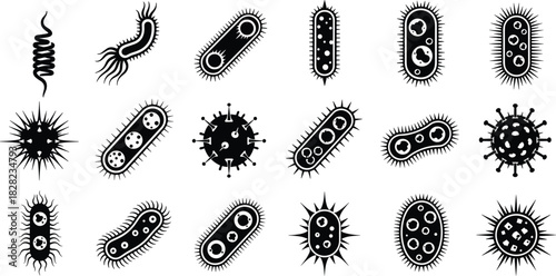 Collection of bacteria and virus microorganism icons featuring germs, pathogens, microbes, cells, and microscopic organisms for science, medical, and biology illustrations
