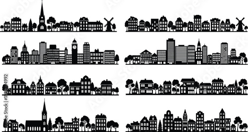 Collection of detailed city skyline silhouettes featuring urban buildings, houses, churches, windmills, trees, town streets and architectural landscape elements