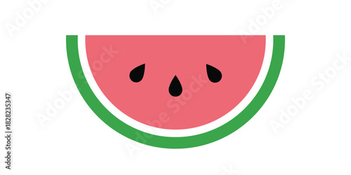 Refreshing half-moon slice of watermelon showing pink flesh, black seeds, and green rind, a flat vector summer icon.