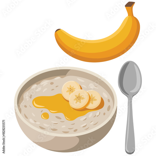 Healthy breakfast oatmeal porridge with fresh banana and spoon in bowl flat cartoon vector illustration
