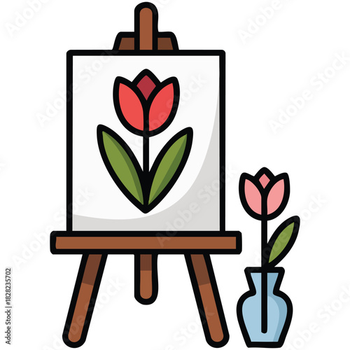 Floral painting canvas on wooden artist easel vector illustration on white background