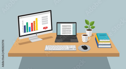 A modern office desk setup featuring a desktop computer, laptop, keyboard, mouse, coffee mug, and books, ideal for remote work or study.