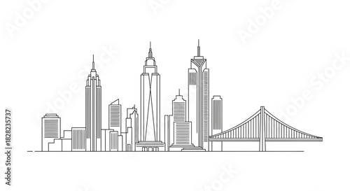 A minimalist line drawing of a city skyline featuring various skyscrapers and a suspension bridge.