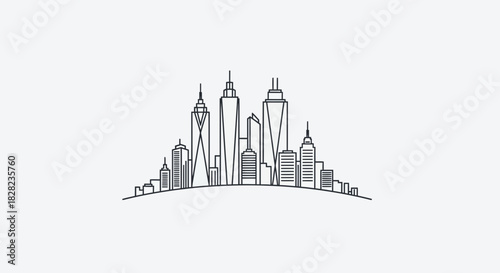A minimalist line drawing of a city skyline featuring various skyscrapers of different heights and designs.