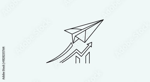 A minimalist line art illustration depicting a paper airplane soaring upwards over a rising graph, symbolizing growth and progress.