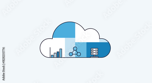 Cloud computing concept with data analytics, networking, and server infrastructure elements.