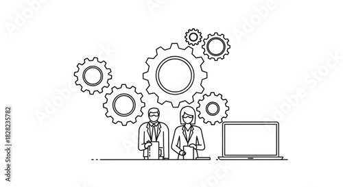 Illustration of two professionals working together with gears and a laptop, symbolizing teamwork and efficiency in a business setting.