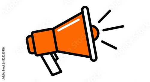 An orange megaphone with black outlines, emitting sound waves, symbolizing announcement or communication.