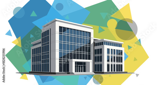 Modern office building with glass facade and geometric abstract background.