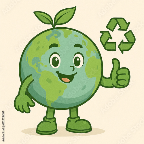 Happy Earth Mascot Promoting Recycling