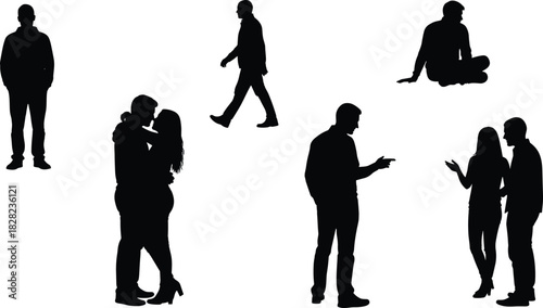 Collection of people silhouettes in various poses including standing, walking, sitting, talking and romantic couple moments for lifestyle and communication design