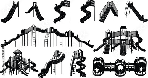 Collection of playground slides and play structures in silhouette, including spiral and tunnel designs for kids’ recreation, park equipment, activity illustration