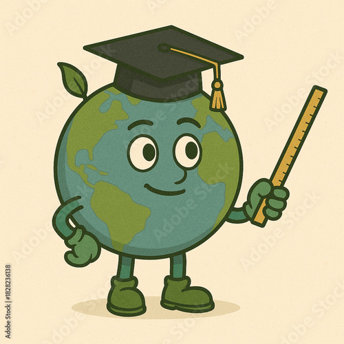 Earth Teacher Character with Graduation Cap and Ruler