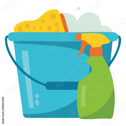 Cleaning spray bucket and kitchen sponge spring tools vector illustration
