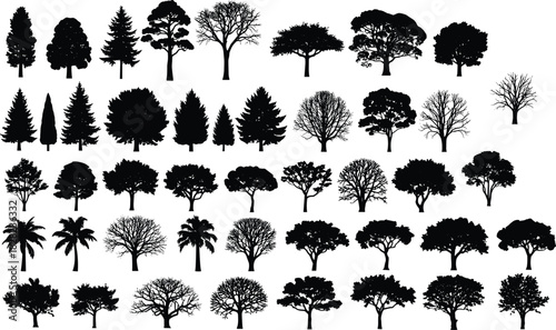 Collection of tree silhouettes, diverse forest shapes, botanical landscape elements, natural foliage icons, woodland vector set, detailed black tree designs