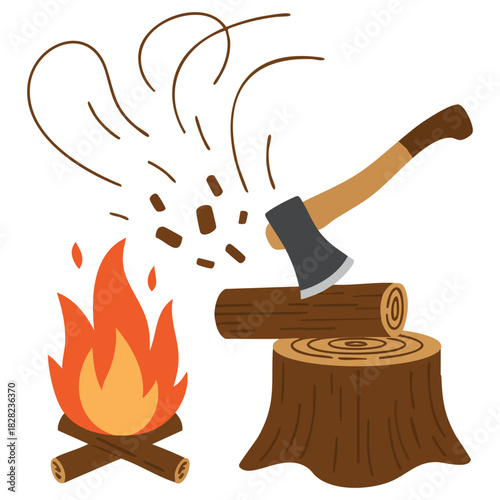 Chopping wooden log on stump with axe vector illustration isolated
