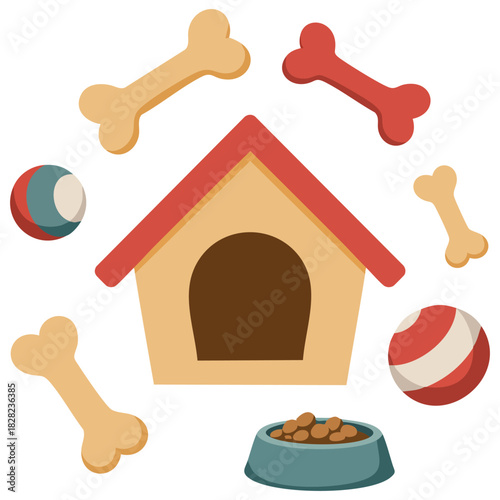 Dog house with food bowl playing balls and bone vector illustration
