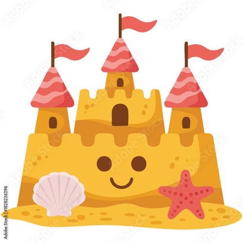 Sandcastle on beach happy childhood building hobby vector illustration