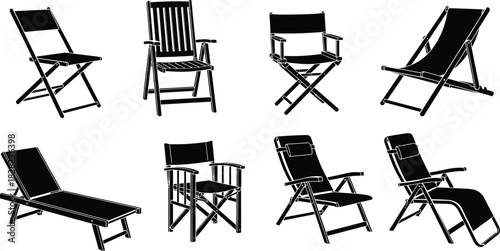 Collection of various folding and reclining outdoor chairs, beach loungers, and portable seating silhouettes for summer, camping, travel, and patio design