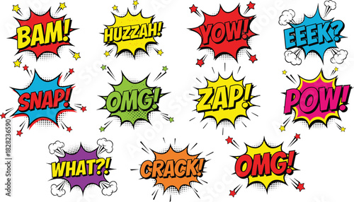 Colorful comic sound effect text bubbles, pop art explosion elements, retro cartoon expressions, dynamic action words illustration set for design projects