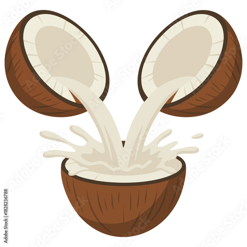 Natural coconut milk pouring from cracked coconut splash vector