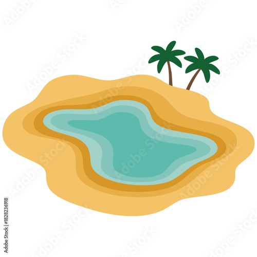 Sandy desert landscape featuring small reflective water body isolated vector illustration on white background