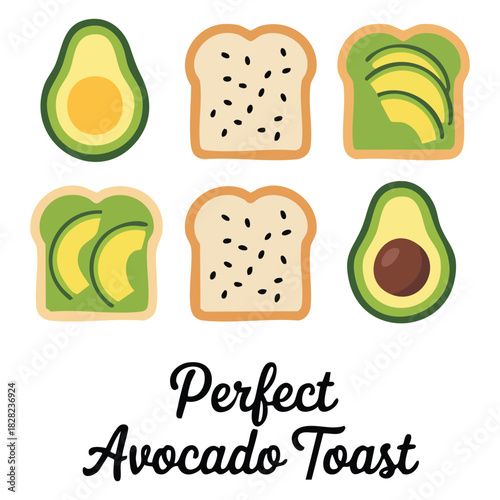 Perfect avocado toast on artisan bread with sesame seeds and fresh slices isolated vector illustration on white background