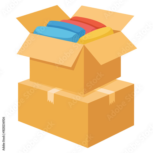 Clothes donation carton box cartoon vector icon for web design isolated on white background