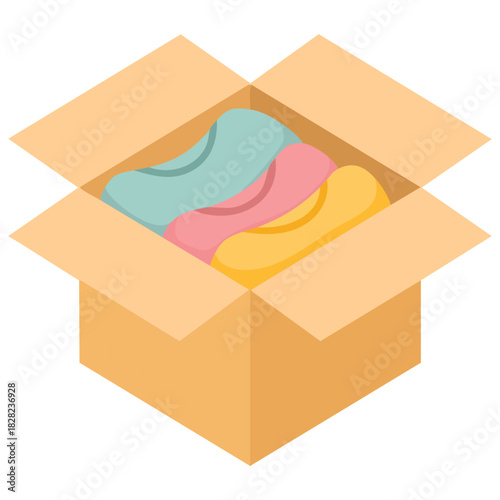 Charity clothing donation cardboard box cartoon vector icon isolated on white background