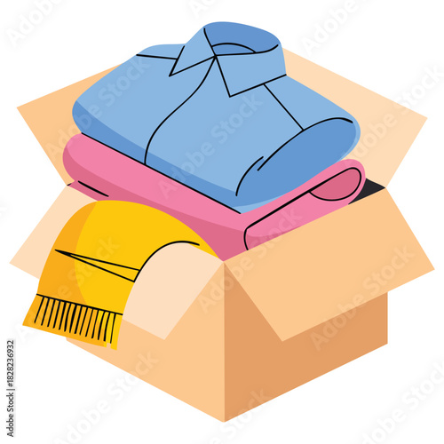 Apparel donation cardboard container cartoon vector icon isolated on white background