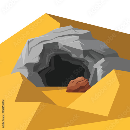 Primitive stone era cave opening to hidden shelter isolated vector illustration on white background