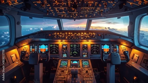 Aircraft cockpit view with instruments and sky horizon at dawn