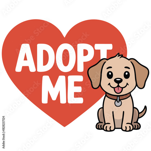 Adopt me dog face looking up at red heart pet adoption concept isolated vector illustration on white background