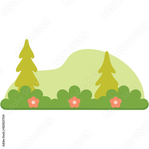 Minimalist nature scene with hills vegetation trees under blue sky isolated vector illustration on white background