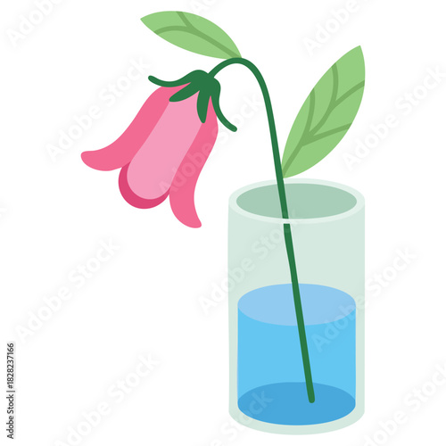 Wilted flower in vase with foliage leaves botany theme isolated vector illustration on white background