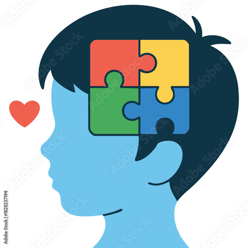 Autism awareness concept kid with puzzle elements in head isolated vector illustration on white background