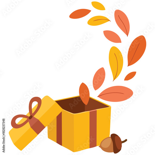 Autumn gift box with acorn and fall leaves nature theme isolated vector illustration on white background