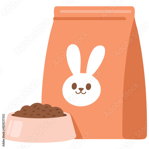 Bunny rabbit food bag and eating bowl for pet care isolated vector illustration on white background