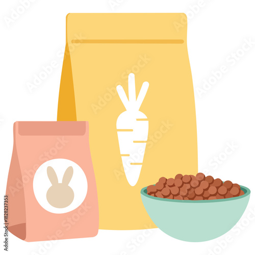 Bunny pet food bag and meal dish for animal care isolated vector illustration on white background
