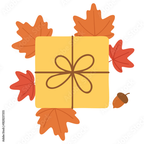 Fall season gift box with acorn and autumn leaves isolated vector illustration on white background