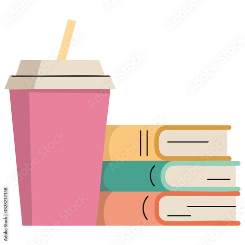 Minimal vector book stack with hot coffee and cold soda isolated vector illustration on white background