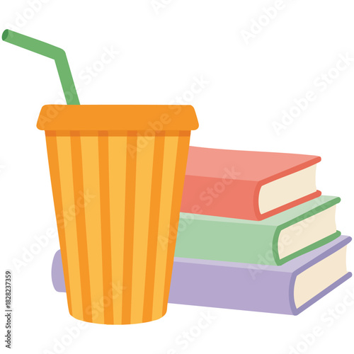 Minimalist book stack with coffee cup and soda drink isolated vector illustration on white background