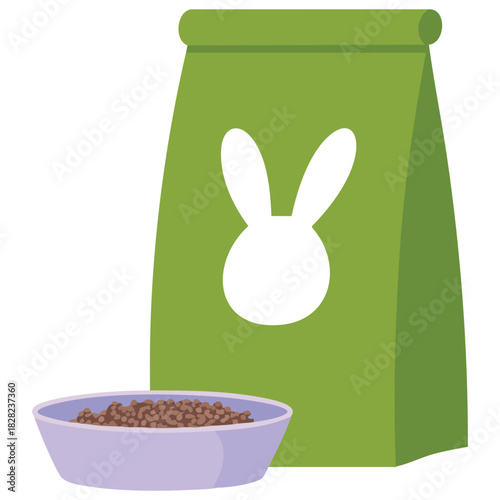 Rabbit pet care with food bag and feeding dish isolated vector illustration on white background